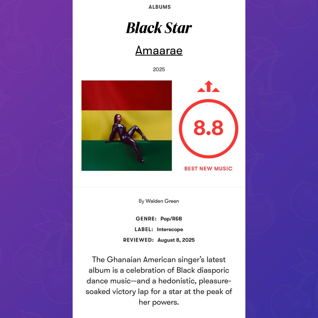 PopBase's tweet photo. Pitchfork gives ‘Black Star’ by Amaarae a score of 8.8/10, labeling it Best New Music. https://t.co/0bbCQE7mPS
