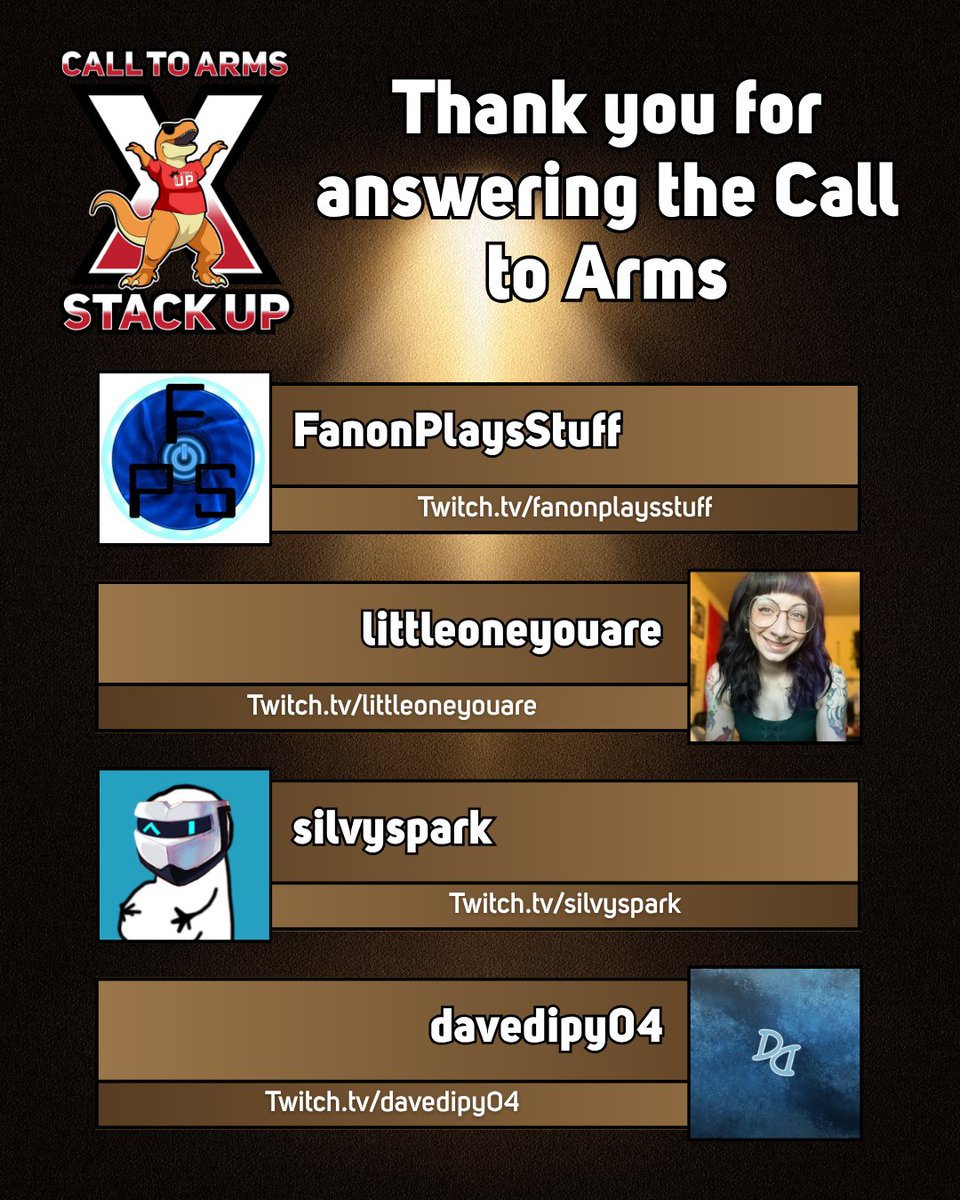 Stack Up Rex (@stackuprex) on Twitter photo Thanks for sharing <a href="/StackUpDotOrg/">Stack Up</a>'s mission of using the power of gaming to support Veterans!
<a href="/fanonplaysstuff/">FanonPlaysStuff</a> | Twitch.tv/fanonplaysstuff
<a href="/littleoneyouare/">zoe, the littleone 🍉</a> | Twitch.tv/littleoneyouare
<a href="/SilvySpark/">Silvy, The Masked Himbo Vtuber Editor</a> | Twitch.tv/silvyspark
<a href="/davedipy04/">Davedipy04</a> | Twitch.tv/davedipy04 Thanks for sharing <a href="/StackUpDotOrg/">Stack Up</a>'s mission of using the power of gaming to support Veterans!
<a href="/fanonplaysstuff/">FanonPlaysStuff</a> | Twitch.tv/fanonplaysstuff
<a href="/littleoneyouare/">zoe, the littleone 🍉</a> | Twitch.tv/littleoneyouare
<a href="/SilvySpark/">Silvy, The Masked Himbo Vtuber Editor</a> | Twitch.tv/silvyspark
<a href="/davedipy04/">Davedipy04</a> | Twitch.tv/davedipy04