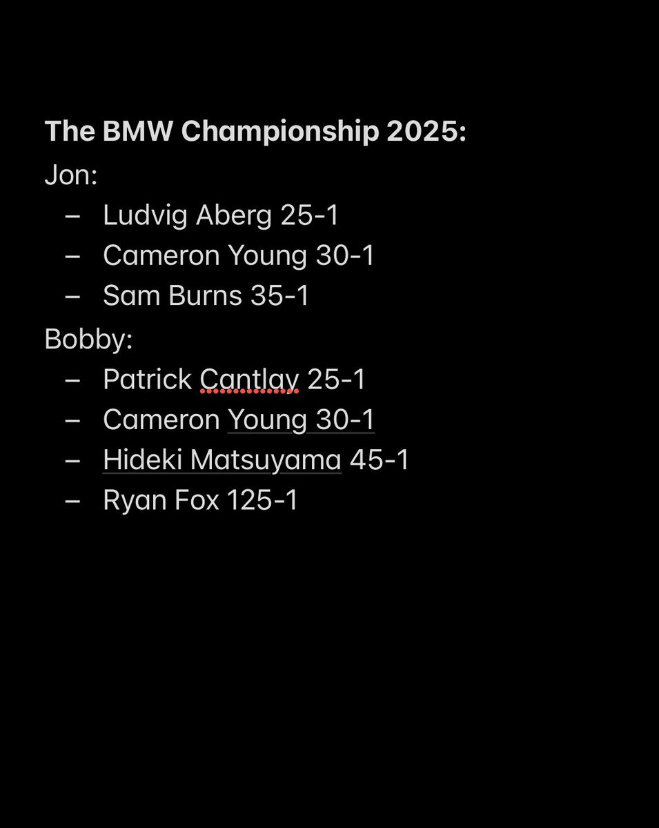 PGATourProDice's tweet photo. Official Card for The BMW Championship: @BrosOnTheGreen

Chasing win #10 of 2025 after going back-to-back the last two weeks with Cameron Young and Justin Rose. @GolfTipsChecker https://t.co/Ek5Tf2zWO4