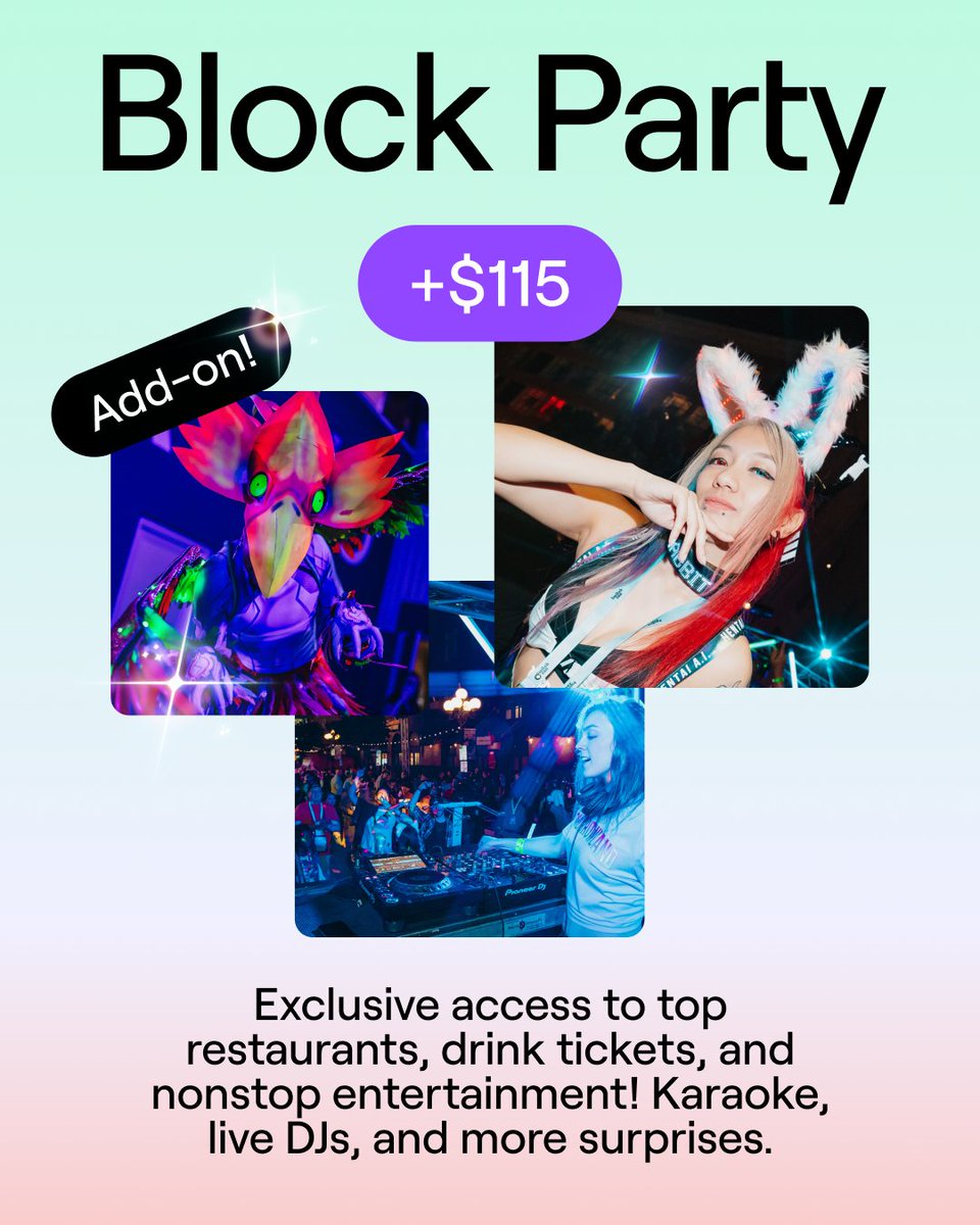 sing. eat. dance. repeat. 🎤🍔🕺

karaoke &amp; lip sync battles? yes. bites &amp; drinks? duh. live DJs, silent disco, arcade games? absolutely. secret surprises? you’ll just have to show up  👀

Block Party tickets still available: twitch-web.app.link/e/eZqGmNEpMVb