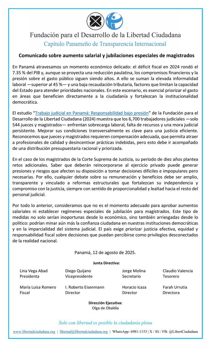 Libertad Ciudadana (@libertciudadana) on Twitter photo Comunicado de <a href="/LibertCiudadana/">Libertad Ciudadana</a>, Capítulo Panameño de <a href="/anticorruption/">Transparency International</a>, sobre el aumento salarial y jubilaciones especiales de magistrados. Comunicado de <a href="/LibertCiudadana/">Libertad Ciudadana</a>, Capítulo Panameño de <a href="/anticorruption/">Transparency International</a>, sobre el aumento salarial y jubilaciones especiales de magistrados.