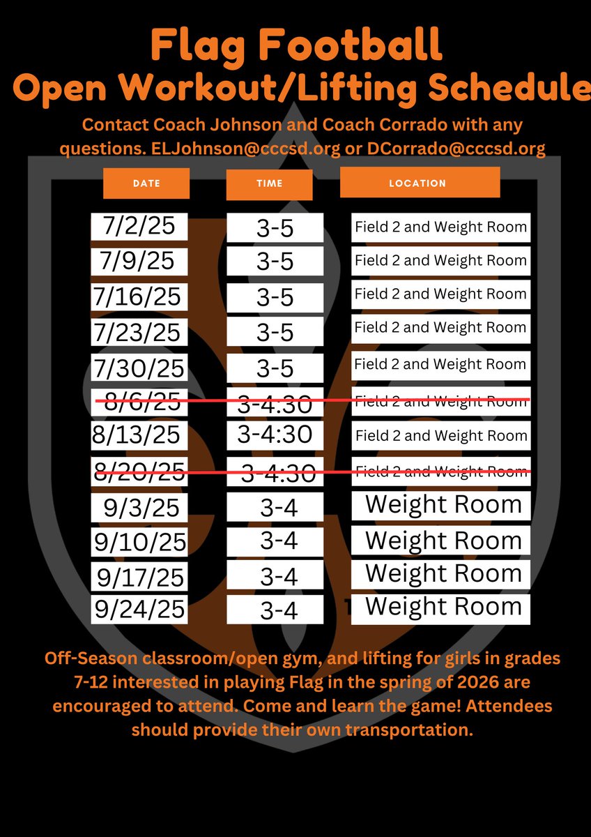 Last summer open field practice tomorrow! Weight room sessions will be available in September. See you tomorrow!