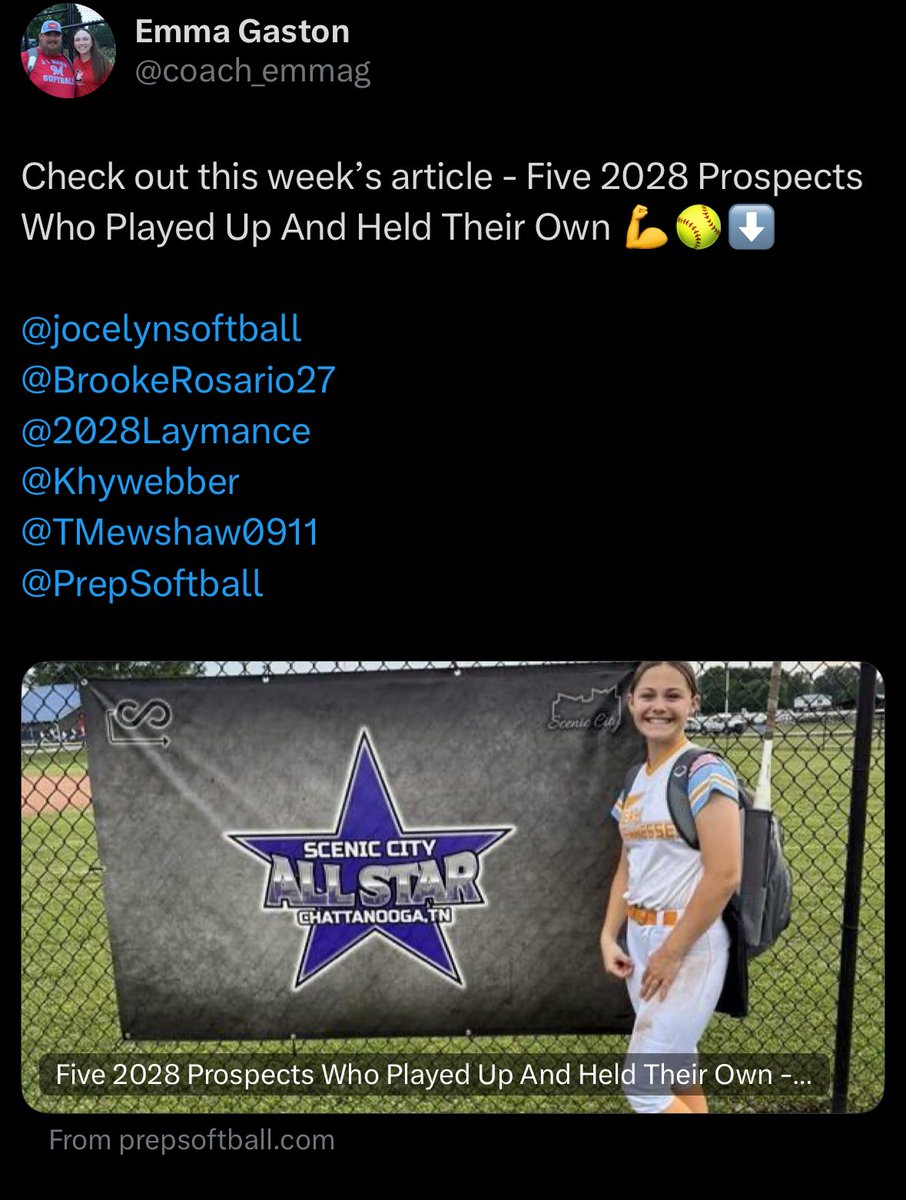 2028Laymance's tweet photo. Honored to be selected by @PrepSoftball for this article!! I really appreciate it! 🥎🧡🩵

@HollyTuckerVan1 @MarcWeekly @CoalfieldStats @cjacketsoftball @SoftballDown @CoastRecruits @prepxtra https://t.co/NSJsJ0pb2G