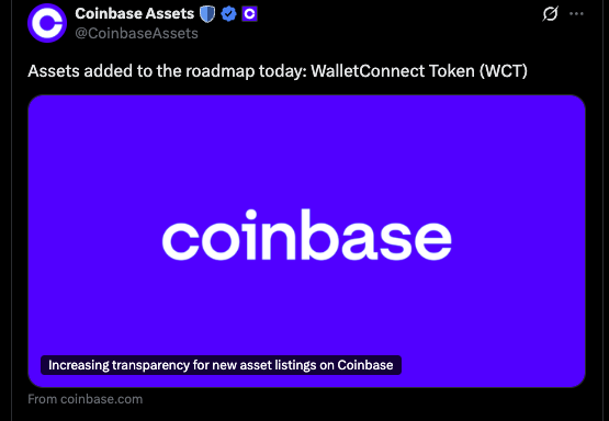 WCT 로드맵 추가를 발표한 Coinbase Assets