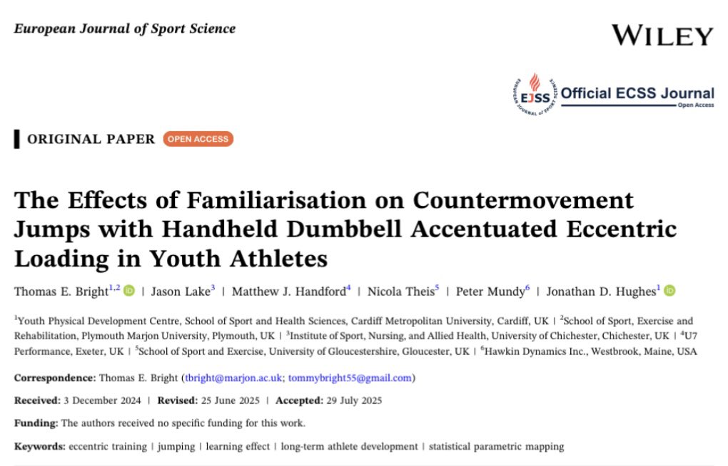 Our latest open-access paper in European Journal of Sport Science 📄

We examined how familiarisation impacts countermovement jumps with handheld dumbbell accentuated eccentric loading in youth athletes.

Read: doi.org/10.1002/ejsc.7…

Massive thanks to coauthors🙌