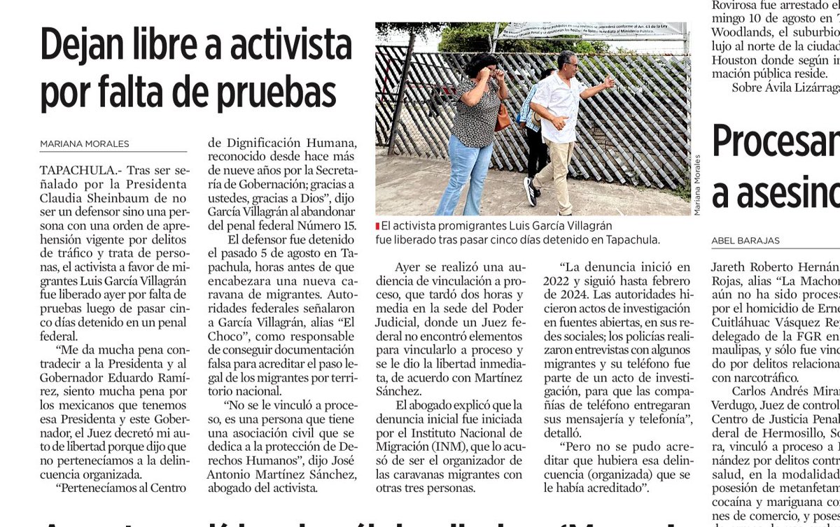 El activista a favor de migrantes, Luis García Villagránfue liberado ayer por falta de pruebas luego de pasar cinco días detenido en un penal en Tapachula, Chiapas.