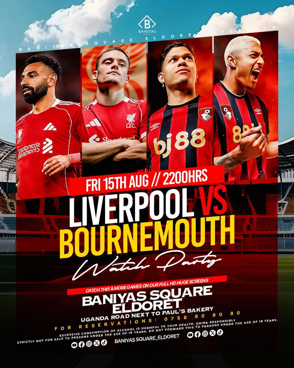 baniyassquare's tweet photo. ⚽ FRIDAY NIGHT FOOTBALL FEVER! 🔥
The Reds take on Bournemouth in a clash you can’t miss – and we’re bringing every second to you LIVE on our massive HD screens with crystal-clear sound.

📍 Baniyas Square Eldoret – The Sports House of Choice https://t.co/El96umDJv8
