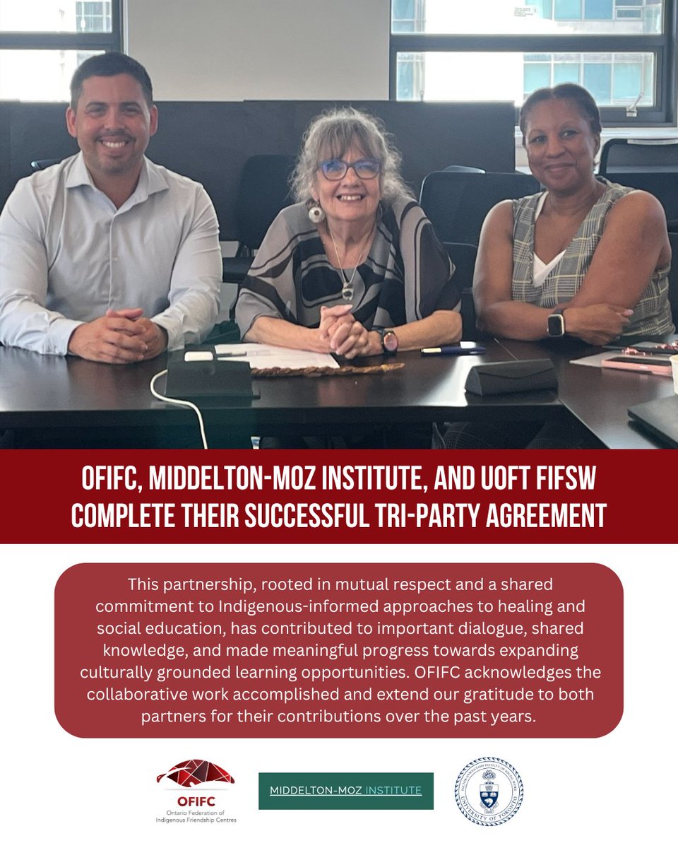 OFIFC (@theofifc) on Twitter photo OFIFC would love to give a huge shoutout to Middelton-Moz Institute and <a href="/UofT_FIFSW/">Factor-Inwentash Faculty of Social Work</a> for the incredible work they've done over the past few years 🎉
We are grateful for their shared commitment to Indigenous communities and to the values that guided this agreement. OFIFC would love to give a huge shoutout to Middelton-Moz Institute and <a href="/UofT_FIFSW/">Factor-Inwentash Faculty of Social Work</a> for the incredible work they've done over the past few years 🎉
We are grateful for their shared commitment to Indigenous communities and to the values that guided this agreement.