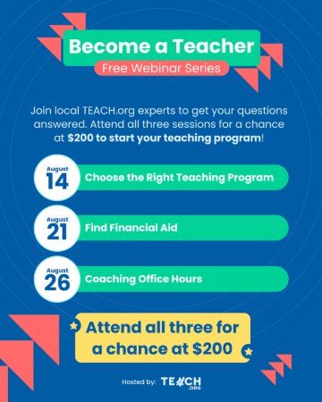 Calling all future educators! 

If you're ready to start your teaching journey but have some questions, we're here to help! Join <a href="/TEACH/">Teach</a>.org for a FREE three-part webinar series. 

The first session kicks off on August 14th at 4 p.m. ET. 

To register: events.teach.org/webinar/epp/?u…
