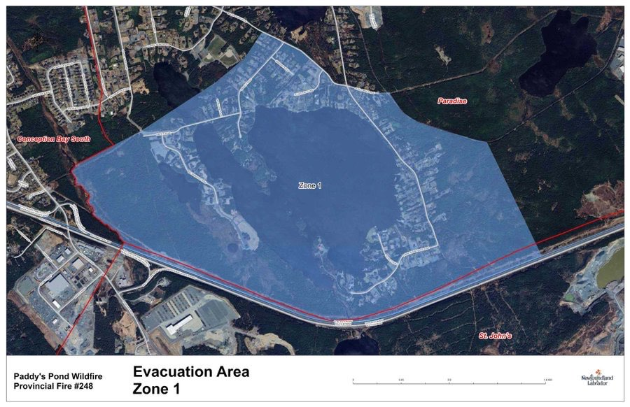 PaulDurdle's tweet photo. This is the evacuation zone for anyone that just got that alert just now for Three Island Pond in Paradise.

Please share it so people know if they're in the zone. I had a dozen people message me and ask right after it went out.

#nlwx #nltraffic #nlwildfires https://t.co/WiHQFByNUo