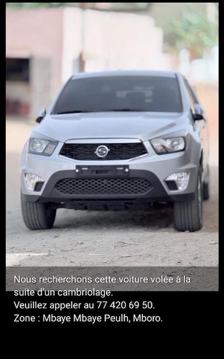Svp partager ma voiture à était voler a la suite d'une cambriolage qui ces passer aujourd'hui a 3h du matin chez moi à  Mboro Précisément a Mbaye Mbaye Peulh quelq'un qui aurais vue cette voiture signaler le sur se numéro 774204950,785251127 ou a la gendarmerie