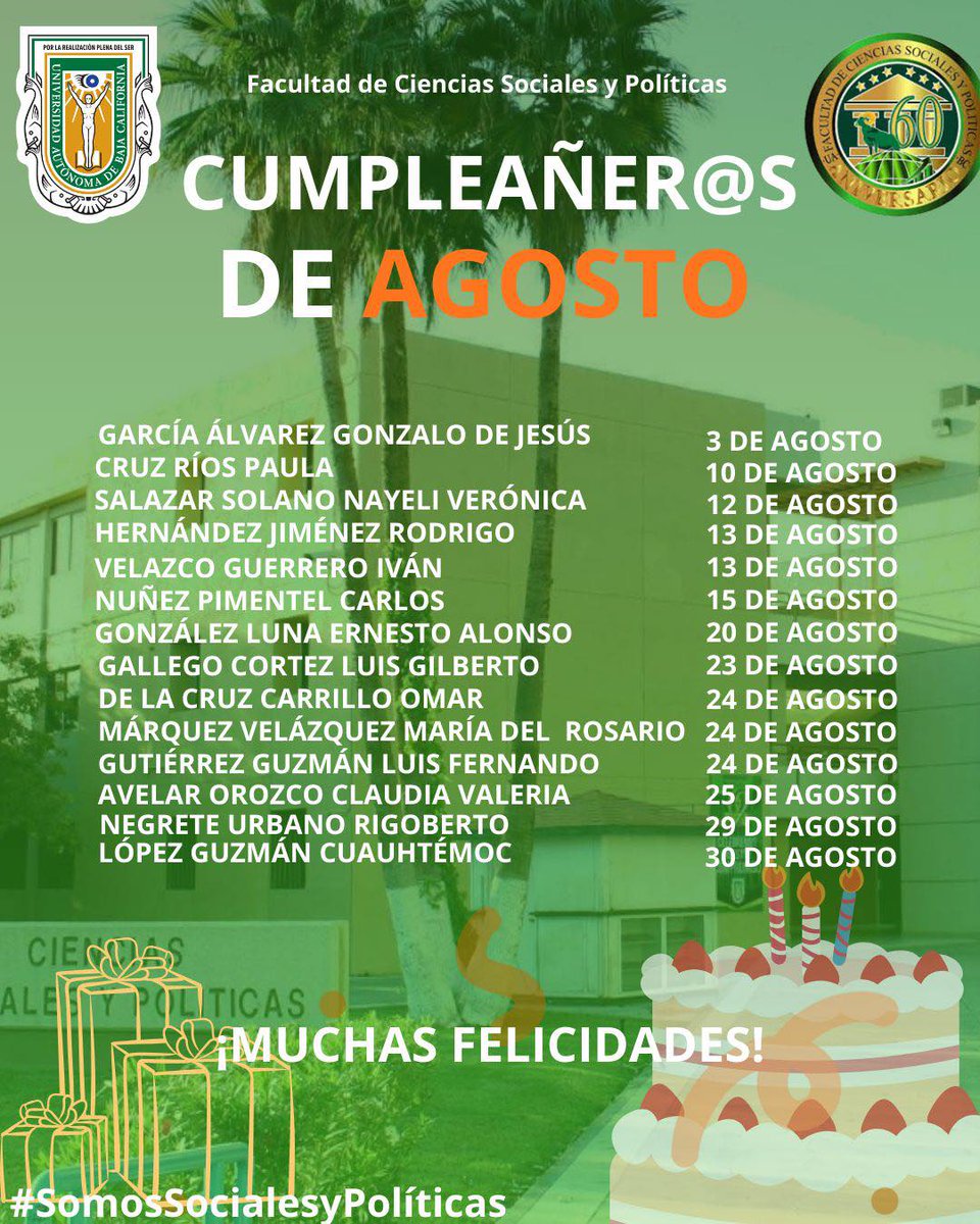 FCSyP_UABC's tweet photo. ¡Felicidades a las y los cumpleañer@s de agosto de la FCSyP! 📷📷
Que este nuevo año en sus vidas esté lleno de éxito, aprendizaje y grandes momentos. 📷
#SomosSocialesyPolíticas #SomosUABC #OrgulloCimarrón #Cumpleaños https://t.co/voI45NiumG