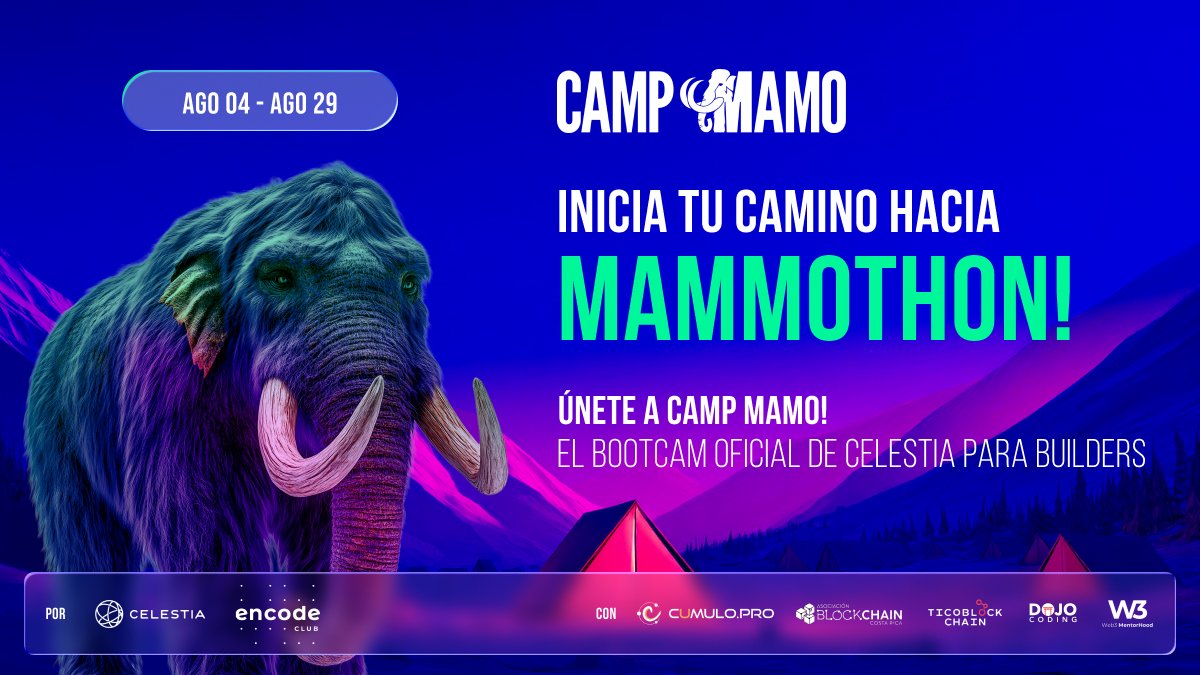 Cumulo (@cumulo_pro) on Twitter photo 🚀 ¡Aún estás a tiempo de unirte al #CampMamo de <a href="/celestia/">Celestia 🦣</a> !
Si eres dev y quieres dar el salto al mundo blockchain, este es el momento.
En la Semana 1 ya hemos aprendido conceptos clave como:
🟣 DA (Data Availability)
🟣 DAS (Data Availability Sampling)
🟣 Blobs
🟣 Mammoth 🚀 ¡Aún estás a tiempo de unirte al #CampMamo de <a href="/celestia/">Celestia 🦣</a> !
Si eres dev y quieres dar el salto al mundo blockchain, este es el momento.
En la Semana 1 ya hemos aprendido conceptos clave como:
🟣 DA (Data Availability)
🟣 DAS (Data Availability Sampling)
🟣 Blobs
🟣 Mammoth