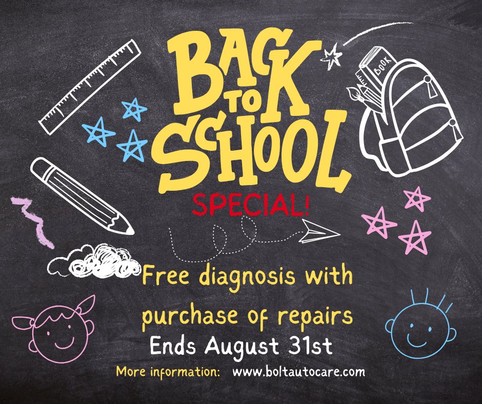 BoltAutoCare's tweet photo. 🚗📚 Back to School, Back on the Road! 📚🚗
Kick off the school year with peace of mind — get a FREE diagnosis with any repair purchase!
Because the only thing you should be worrying about is the carpool lane. 😉

#BackToSchool #CarCare #FreeDiagnosis #AutoRepair #RoadReady https://t.co/4tPcD7VKDu