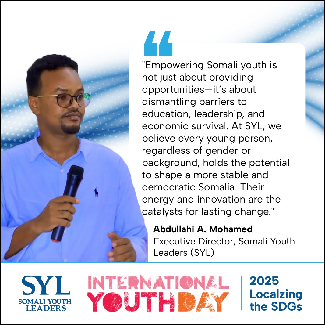 Somali Youth Leaders 🇸🇴 (@somaliyleaders) on Twitter photo On #IYD2025, our ED <a href="/Abdullahifaalug/">Abdullahi A. Mohamed</a> emphasized the power of young people in driving SDGs. Aligning with this year’s theme, "Local Youth Actions for the SDGs and Beyond", he highlighted how youth-led initiatives at the community level are turning 🌍 goals into tangible progress. On #IYD2025, our ED <a href="/Abdullahifaalug/">Abdullahi A. Mohamed</a> emphasized the power of young people in driving SDGs. Aligning with this year’s theme, "Local Youth Actions for the SDGs and Beyond", he highlighted how youth-led initiatives at the community level are turning 🌍 goals into tangible progress.
