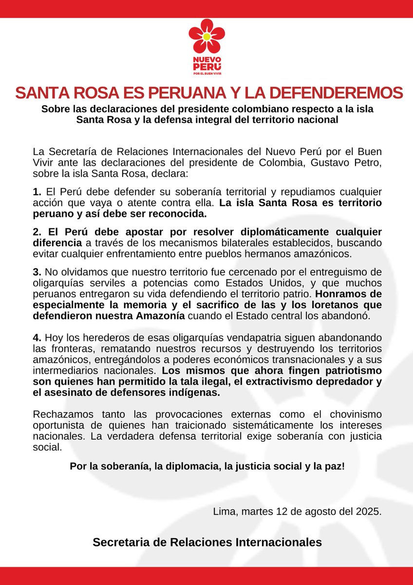 Rechazamos tanto las provocaciones externas como el chovinismo oportunista de quienes han traicionado sistemáticamente los intereses nacionales.

La verdadera defensa territorial exige soberanía con justicia social garantizando derechos plenos.