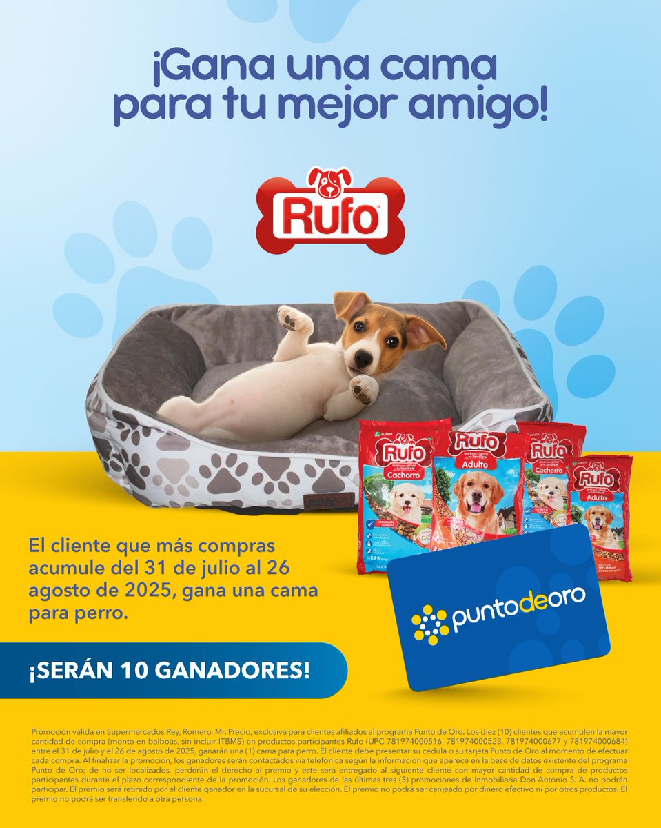 🐾 ¡Tu mascota puede ser uno de los 10 ganadores! Compra Rufo y participa para ganar una camita gratis  🛏✨

Entre más alimentos de Rufo compres con tu Punto De Oro, más oportunidades tendrás de ganar una cama para tu mascota💛
 
📌Válido del 31 de julio al 26 de agosto de 2025.
