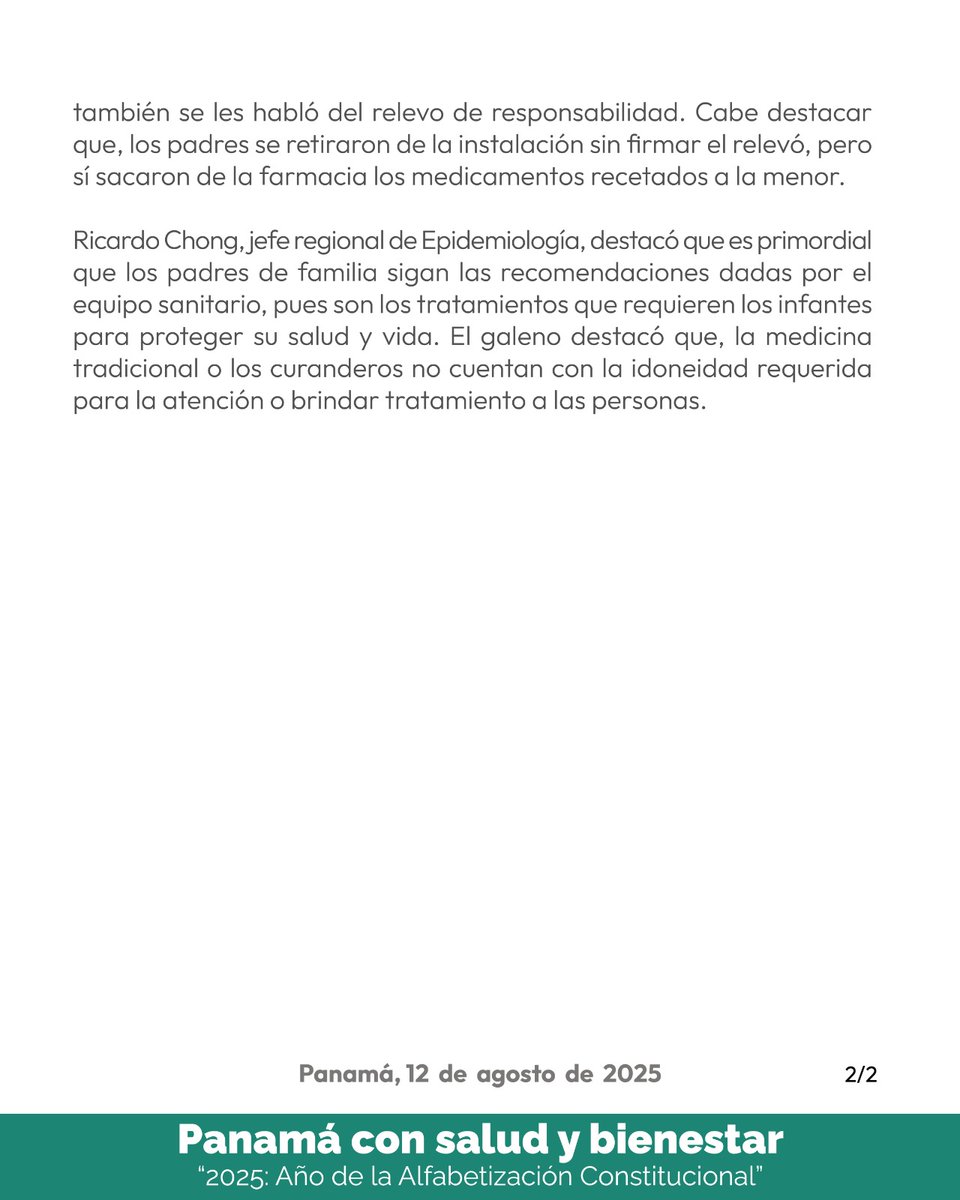 #Veraguas MINSA informa  del fallecimiento de una menor procedente de la comunidad de Pandura de Chitra, distrito de Calobre. La niña llegó al Centro de Salud Aristides Vallester con síntomas de vómito, diarrea y mantenía signos de deshidratación, abdomen blando y quejumbrosa.