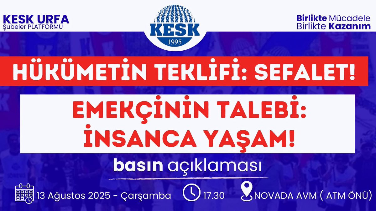 Hükümetin Sefalet Dayatmasını Kabul Etmiyoruz!

📢Basın Açıklaması

🗓️13 Ağustos - Çarşamba
🕣17.30
📍Novada AVM Önü