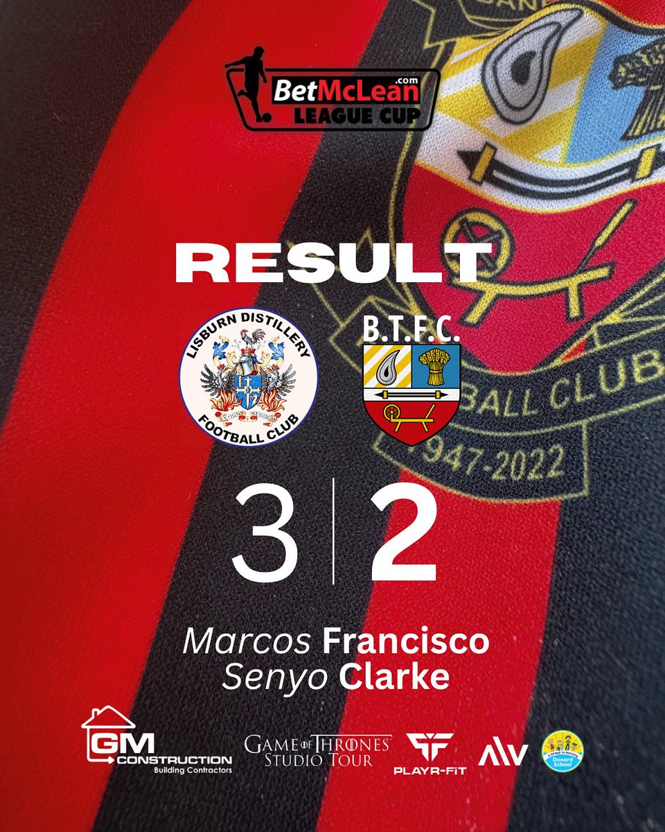 𝙍𝙀𝙎𝙐𝙇𝙏

Distillery take the win and advance in Bet McLean League Cup.

After a promising first half an added time winner seals defeat for The Town. 🔴⚫️

Your town goal scorers are Marcos Francisco &amp; Senyo Clarke. 

#monthetown