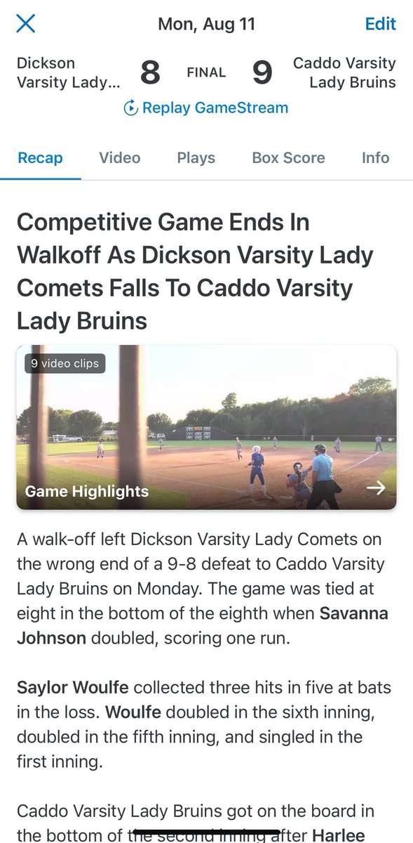 SaylorWoulfe's tweet photo. Opening night was last night! 
Was the outcome we wanted losing 9-8 to Caddo, but I had a great game 
3-5 with 2 doubles and a single! https://t.co/ocBw4cs8XP