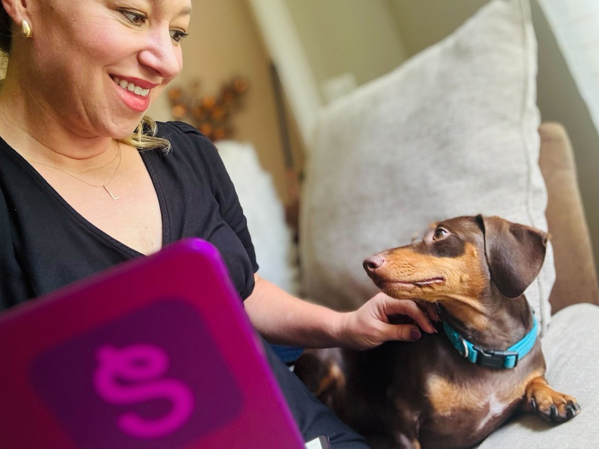 LauraSeesaw's tweet photo. My four-legged, side-eyeing coworker today 🐾 💜
#WorkFromHome #DogAtWork #Seesaw https://t.co/9XrngKO6EE