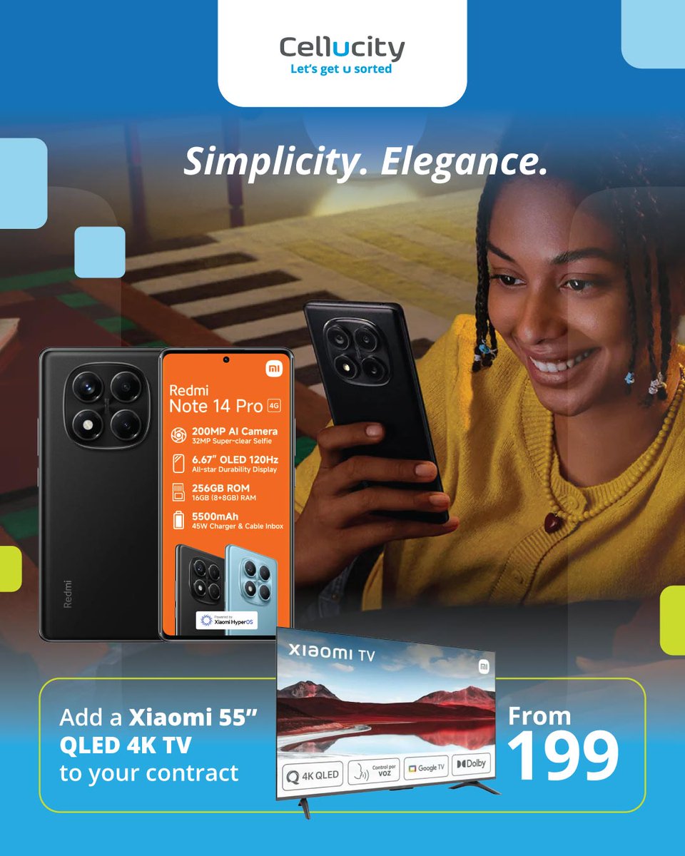 Cellucity's tweet image. 🚀 EPIC DEAL ALERT!🚀   

Redmi Note 14 Pro 4G 256GB 📱 + Xiaomi A Pro 55" QLED TV 📺

➡️R548pm x 36 on Vodacom RED 1GB 50Min OR phone only: R6,499 (prepaid)!    

🔗 Apply Now: bit.ly/45xa624

#Cellucity #TechDeals @Xiaomi_ZA