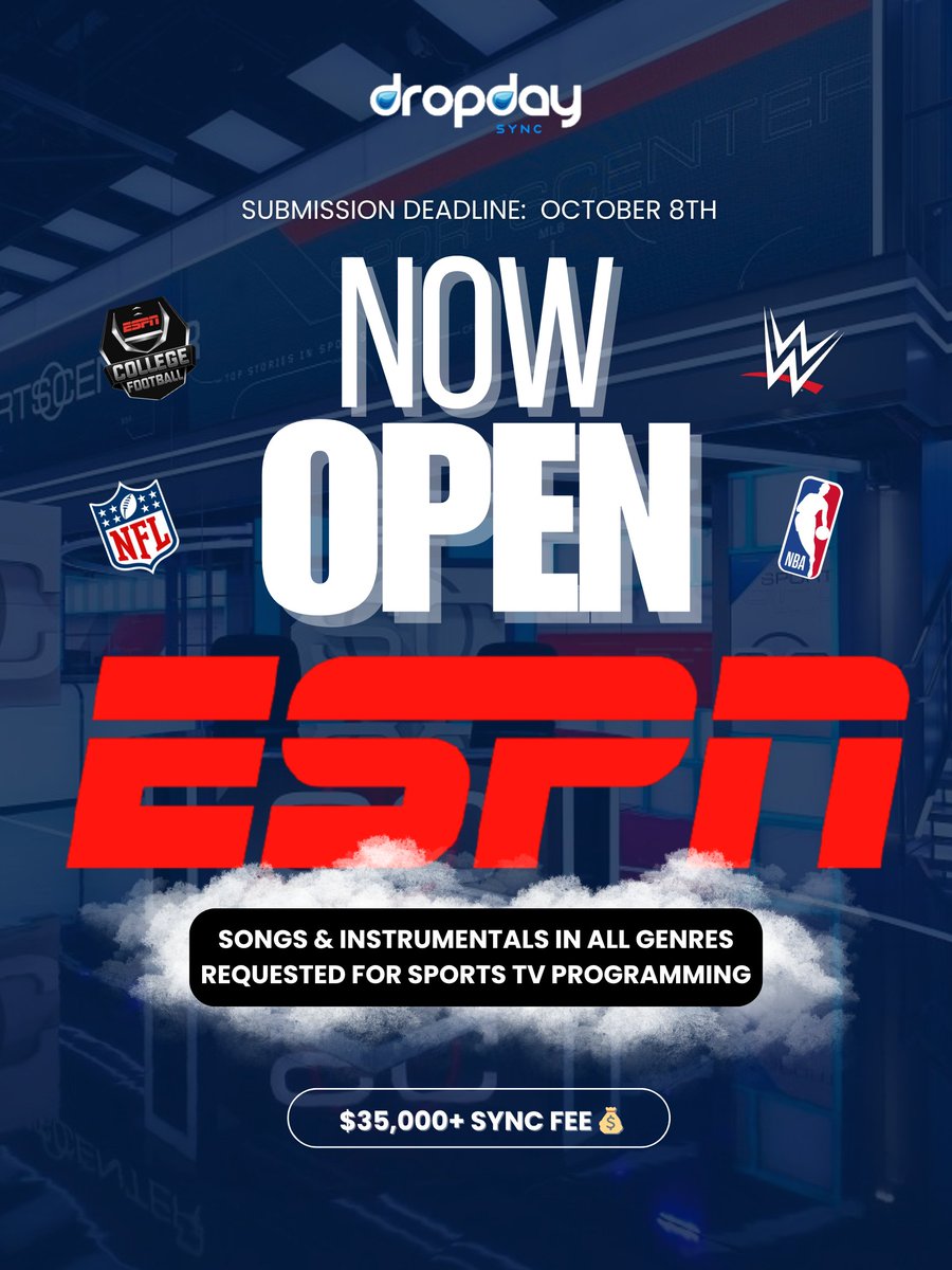 🎯 ESPN EXCLUSIVE SYNC OPPORTUNITY

Currently seeking Hip-Hop, Rock, Pop/Dance, Electronic, Latin, R&amp;B, AfroPop, Rock, and Indie Pop songs and instrumentals for an exclusive, high-value licensing opportunity with ESPN.

DEADLINE: October 8th