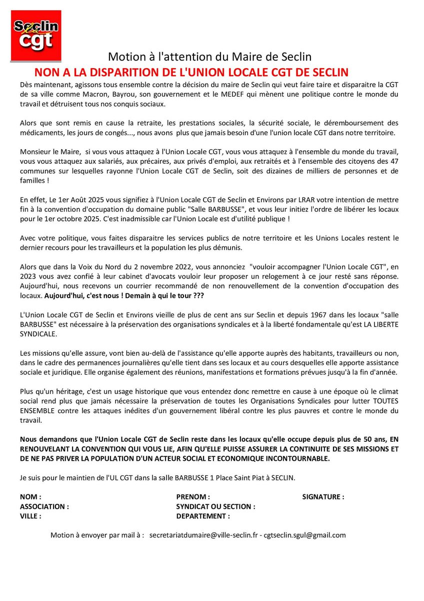 NON À LA DISPARITION DE L'UNION LOCALE @lacgt SECLIN