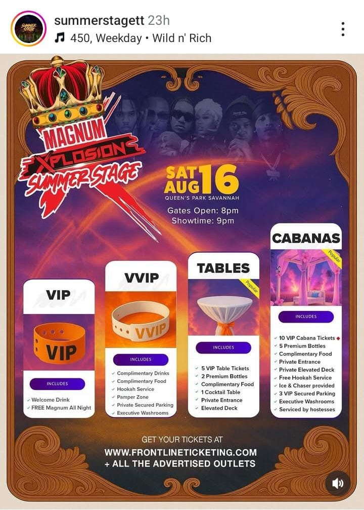 #REPOST ✨ Choose Your Vibe – Magnum Xplosion Style! ✨
From VIP perks and VVIP luxury, to prime Tables and exclusive Cabanas, there’s a spot for every crew. 🍾🔥
📅 Sat Aug 16 | Queen’s Park Savannah
🎟 Get your tickets now at  frontlineticketing.com or any advertised outlet.