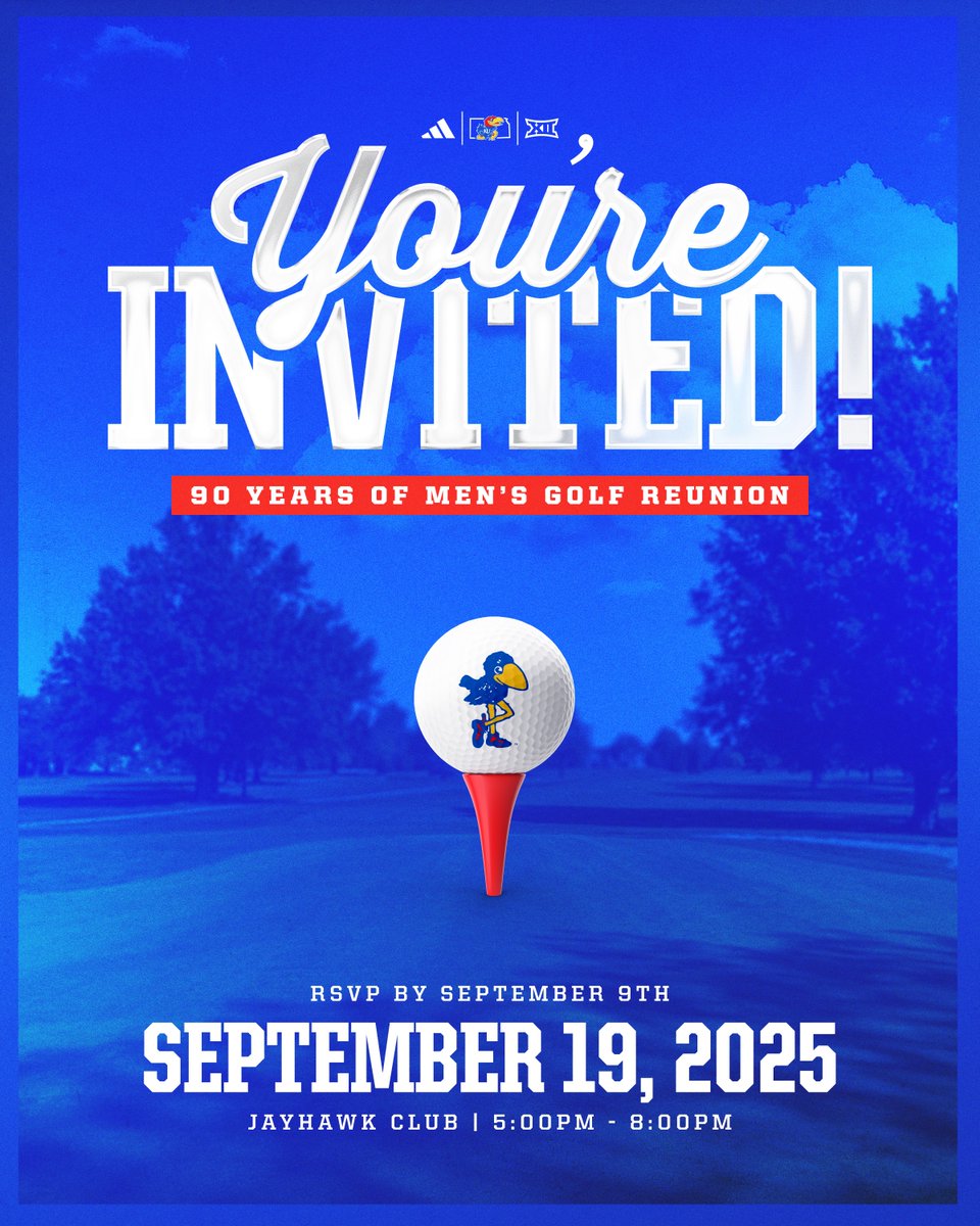YOU'RE INVITED!🎉

Join fellow Jayhawk Golf alumni for a special reunion weekend to honor the legacy of the program, reconnect across generations, and celebrate the impact of Kansas Golf.

RSVP by September 9th and join our 90-Year Celebration!