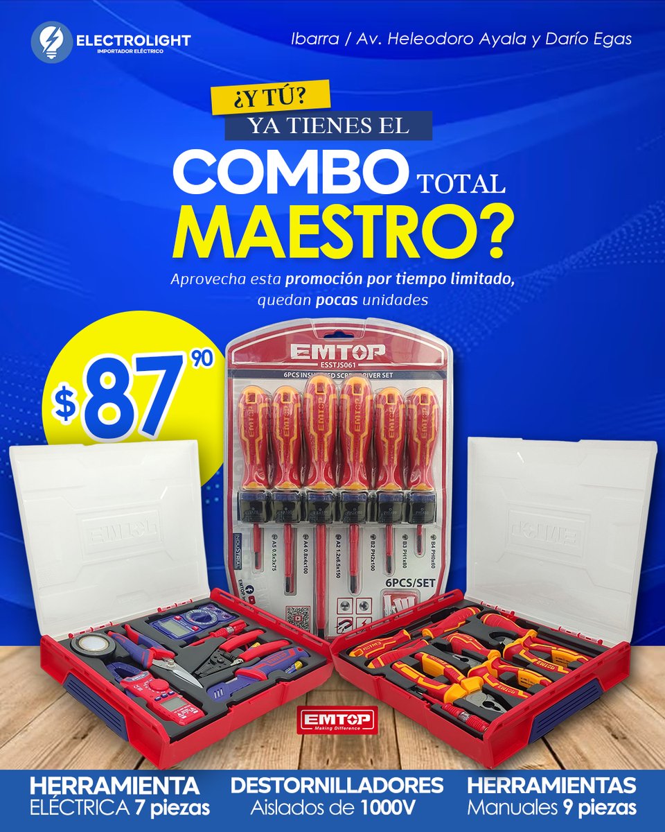 electrolight_12's tweet photo. 🔥¡MAESTRO ELECTRICISTA, esto es para ti!⚡
Aprovecha esta promo limitada y llévate:
✅Kit de herramientas eléctricas (7 piezas)
✅Juego de destornilladores 1000V
✅Herramientas manuales (9 piezas)
💥¡Stock limitado! ¡
📲Escríbenos: 0997050993
#Electricistas #ofertas https://t.co/1uk5l8cU6T