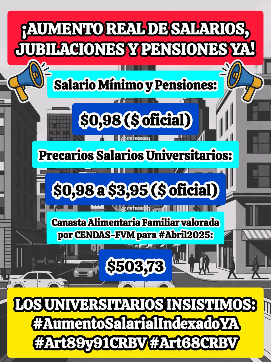 reinaseq's tweet photo. 🚨 SITUACIÓN INSOSTENIBLE || NO NOS ACOSTUMBRAMOS AL HAMBRE, ES URGENTE UN AUMENTO REAL DEL SALARIO BASE Q DIGNIFIQUE NUESTRA CONDICIÓN HUMANA Y LABORAL, ES JUSTO Y NECESARIO, NO + INDIFERENCIA

📢 LOS UNIVERSITARIOS INSISTIMOS
#AumentoSalarialIndexadoYA
#Art89y91CRBV #Art68CRBV https://t.co/5dmuqUFd9H
