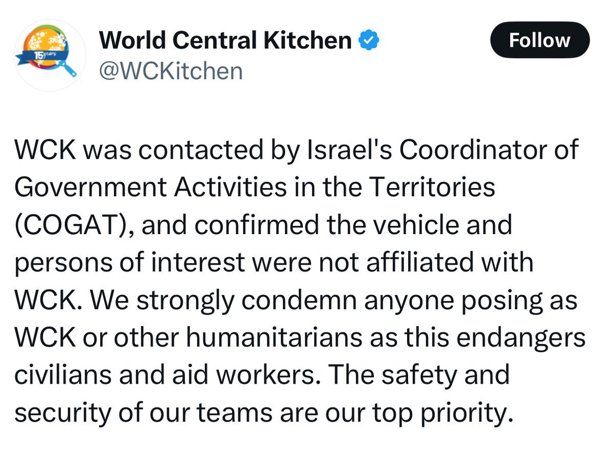 BREAKING: The World Central Kitchen confirms that Hamas terrorists posed as WCK aid workers, as they transported weapons.

Will the media report this?