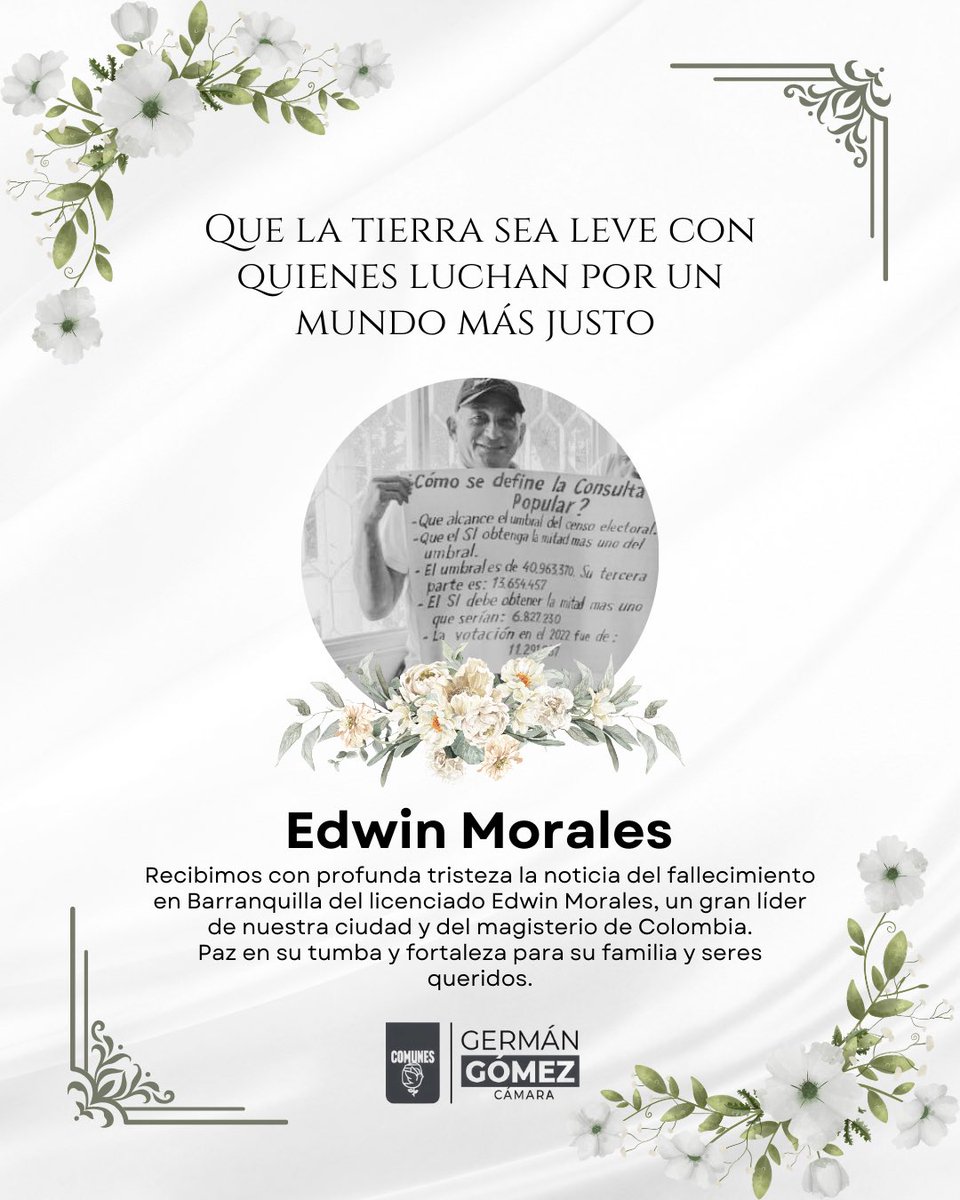 Hoy despedimos con tristeza al licenciado Edwin Morales, un gran líder de Barranquilla y del magisterio colombiano, recordado por su compromiso con la educación y la defensa de los derechos de los maestros.

Paz en su tumba y fortaleza para su familia, amistades y compañeros de