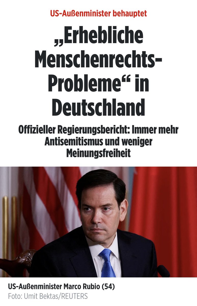 Jüdische Rundschau (@juedrundschau) on Twitter photo US-Außenminister <a href="/marcorubio/">Marco Rubio</a> spricht aus, was deutsche Behörden und ihre medialen Claqueure nicht hören wollen: Deutschland hat „erhebliche Menschenrechtsprobleme“.
In Washington legt die Trump-Regierung ihren Jahresbericht vor und kommt zu einer Diagnose, die wir seit Jahren US-Außenminister <a href="/marcorubio/">Marco Rubio</a> spricht aus, was deutsche Behörden und ihre medialen Claqueure nicht hören wollen: Deutschland hat „erhebliche Menschenrechtsprobleme“.
In Washington legt die Trump-Regierung ihren Jahresbericht vor und kommt zu einer Diagnose, die wir seit Jahren