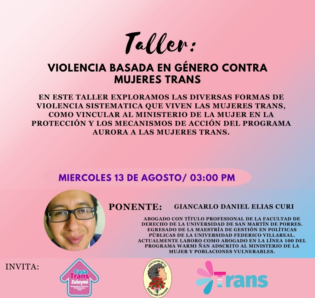 A_Villon_Peru's tweet photo. 📢 ¡Atención, compañerxs y aliadxs! 🗣️
Desde @org_mvyd y #casatranszuleymi te invitamos al taller "Violencia basada en género contra mujeres trans".
💪🏳️⚧️ Hablemos de violencia sistemática, @MimpPeru y #ProgramaAurora.
#MiluskaVidaYDignidad #MujeresTrans #DerechosHumanos https://t.co/MRdfj3vtrx