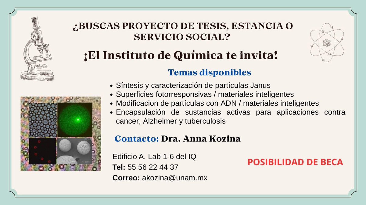 helloimdulce_e's tweet photo. Hola en el laboratorio donde estoy se abrieron lugares en proyectos por si a alguien le interesa, en la imagen vienen los datos de contacto de la Dra. 👩🏻‍🔬⚗️⚛️🧪👨🏻‍🔬 https://t.co/ro2K2Y6ZTm