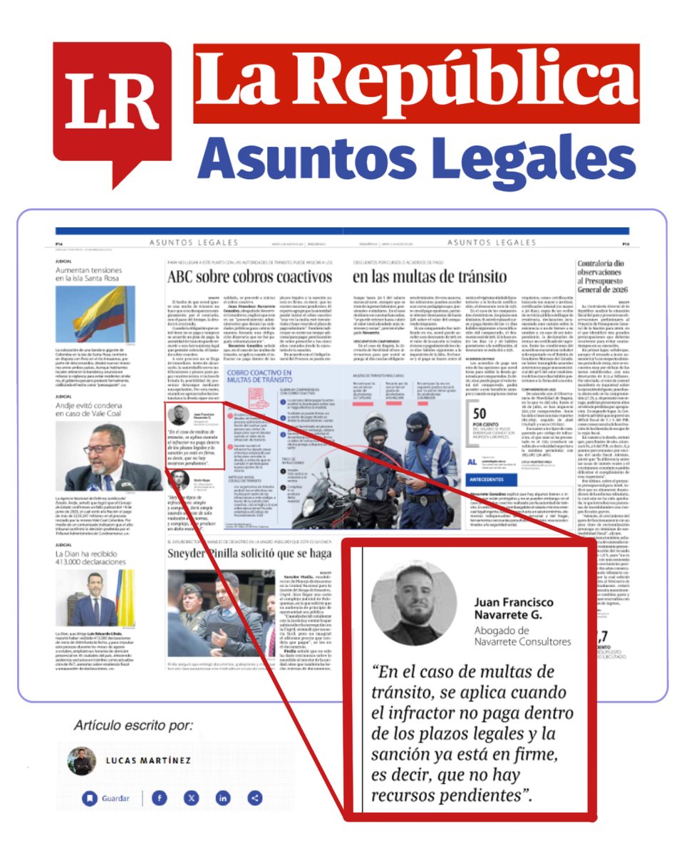 NavarreteConsu3's tweet image. Esto es lo que debe tener en cuenta sobre los COBROS COACTIVOS de las MULTAS DE TRÁNSITO
Juan Francisco Navarrete González @gyanfra  abogado en @NavarreteConsu3  opina para el períodico la Republica - Asuntos legales  
Consulte el articulo completo en 
asuntoslegales.com.co/consumidor/abc……