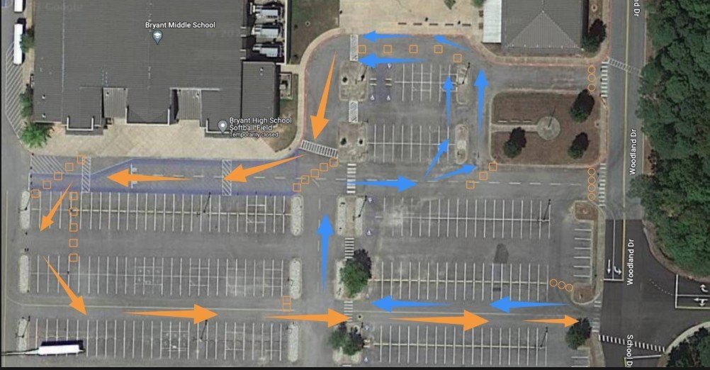 Car rider drop off &amp; pick up information! 
Follow the blue arrow to the orange squares and students will get out / get in the car at the office. 
To exit, follow the orange arrows that go around the parking lot and out.