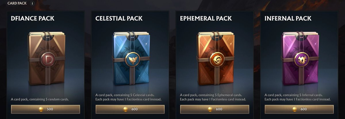 If you could buy only ONE pack right now, which would it be? 🤔

1-Dfiance Pack
2-Celestial Pack
3-Ephemeral Pack
4-Infernal Pack