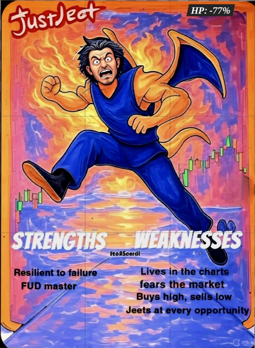 JustJeetSol's tweet photo. Meet JustJeet: The fiery crypto trenches trader who's resilient to failure but sells out at every dip. Master of FUD, slave to the charts—buy high, sell low, regret forever!

#CryptoMeme #JustJeet #FUDMaster #BuyHighSellLow #PokemonCrypto #TradingFails #JeetLife #CryptoPanic #ChartWatcher #ResilientTrader