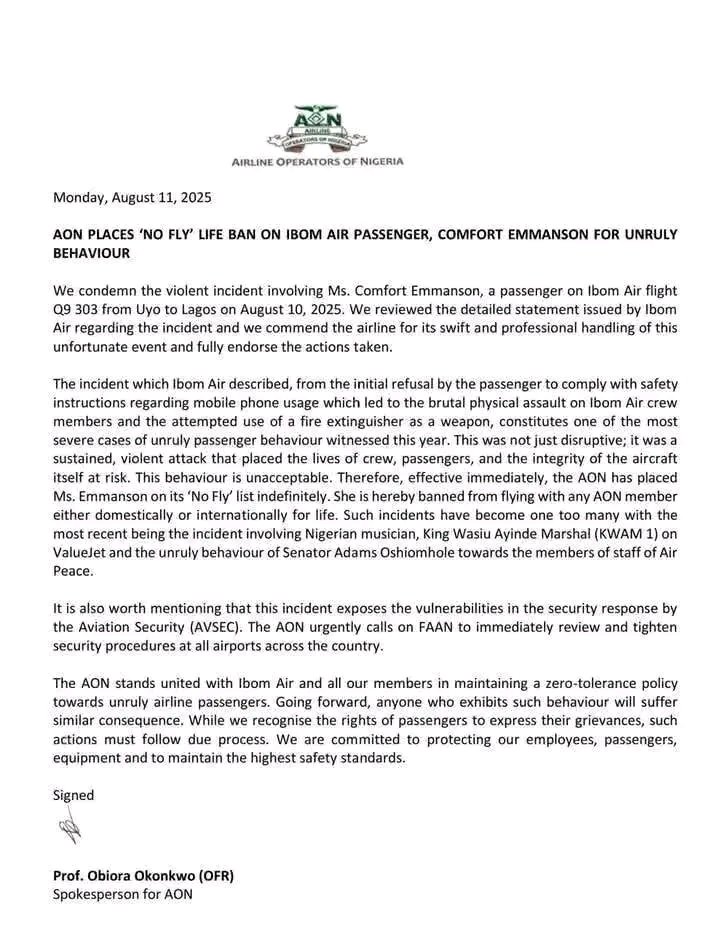 BagiaFestus's tweet photo. 🔥 
Comfort Emmason has been banned for life by Airline Operators of Nigeria from flying in Nigeria both domestically and internationally https://t.co/byCrBIm8tT