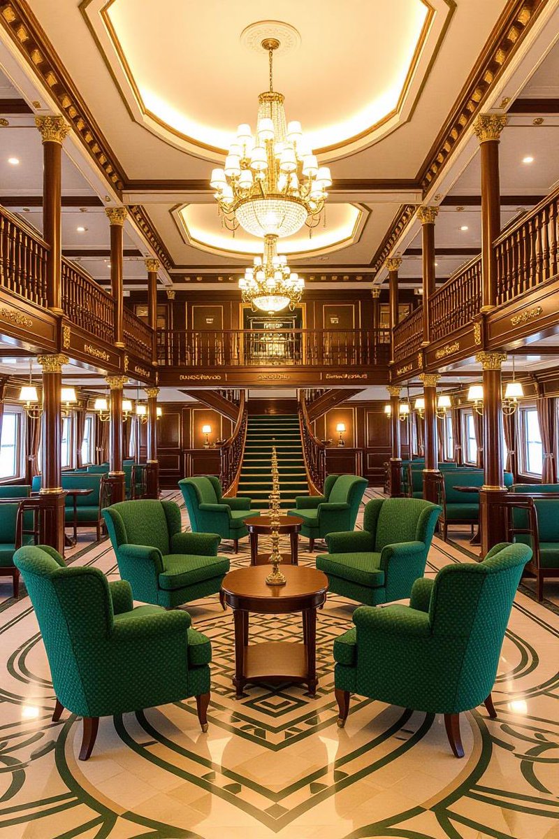 SterlingFlix's tweet photo. Grok Imagine prompt:

Interior of a high-end 1800s cruise ship in the lobby and grand hall, featuring gleaming brass fixtures and richly upholstered emerald-green armchairs

#AIArt #CruiseShip #GrokWithUs #LiveArt #LiveThread 

(I’ll be live tweeting some of today’s best renders before they even hit Flickr! A special benefit to being a X follower of SterlingFlix is special early art access!) -straps