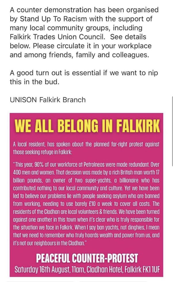 Fantastic statement from Unison Falkirk branch. It’s great to have solidarity from the union of the workers that deliver our essential services &amp; help keep our communities safe for all!

‘We all belong in Falkirk' - Peaceful protest!' - Sat Aug 16th, 11am, Cladhan Hotel, Falkirk