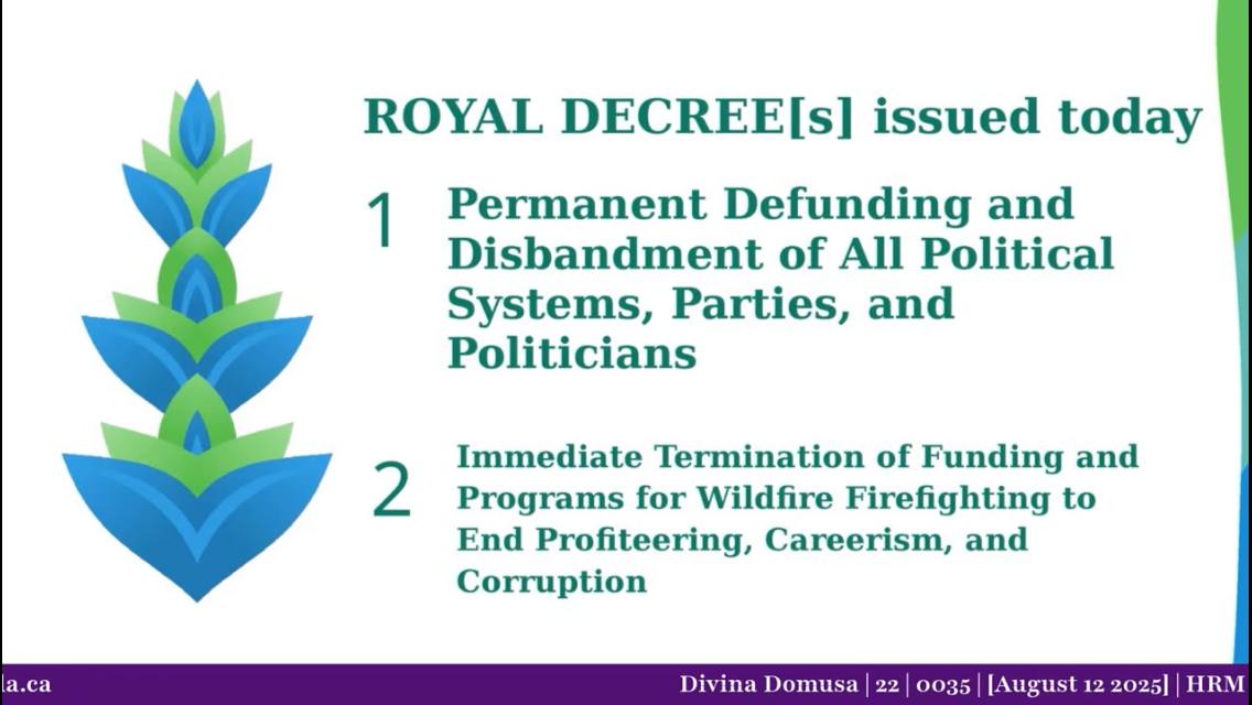 KlokkieRobbie's tweet photo. #RoyalDecrees of today, Divina Domusa | 22 | 0035
[8/12, 2025].

💥Permanent Defunding and #Disbandment, of All #Political #Parties, #Systems and #Politicians.

💥Immediate #Termination of Funding and Programs for #Wildfire #Firefighting to End Profiteering, Careerism Corruption. https://t.co/H6ZfHaAk2u
