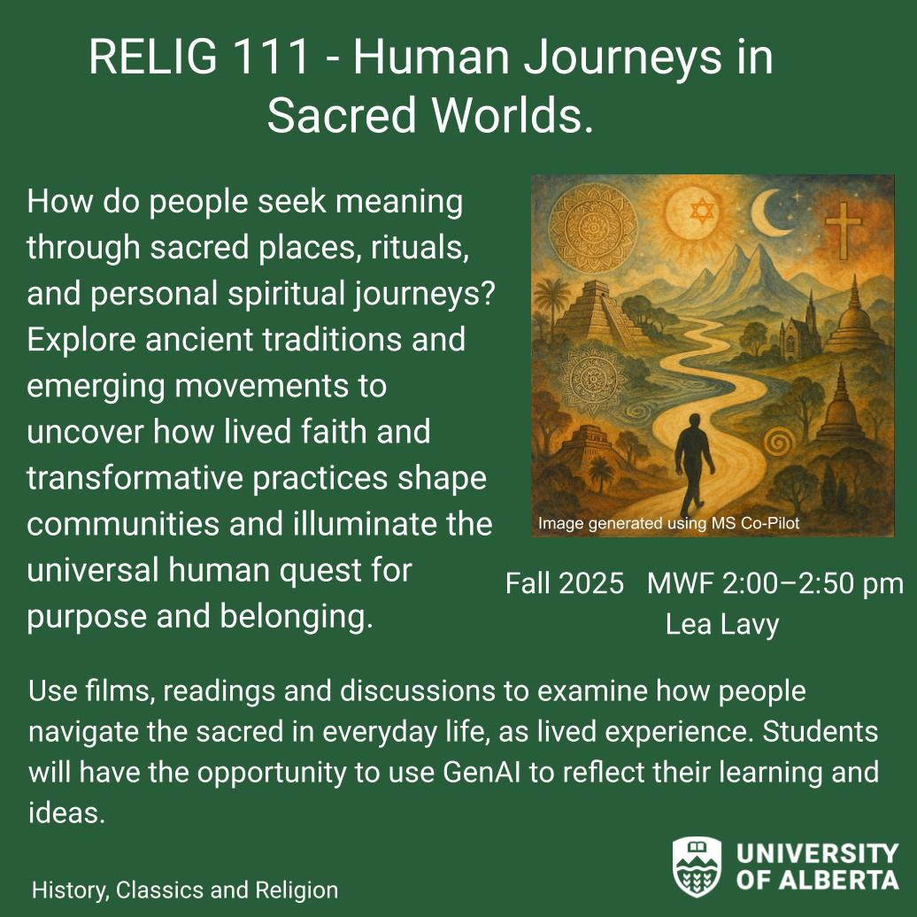 How do people seek meaning through sacred places, rituals and personal spiritual journeys? Enrol in RELIG 111 - Human Journeys in Sacred Worlds, offered in Fall 2025, to learn more.