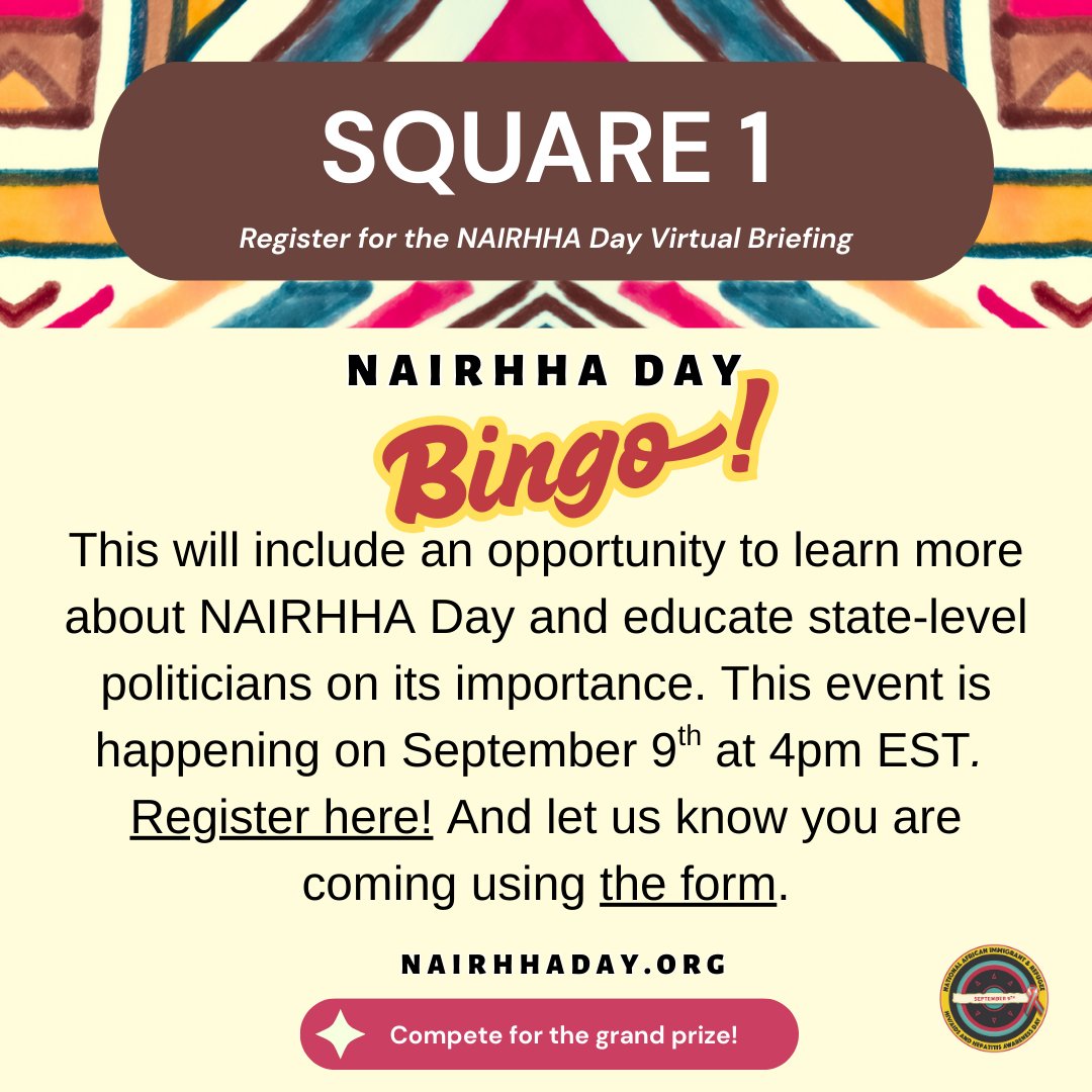 Join the excitement this August with our NAIRHHA Day events! 
NAIRHHA Day Virtual Briefing: us02web.zoom.us/webinar/regist…
 Bingo challenge form: docs.google.com/forms/d/e/1FAI…
Check out the NAIRHHA Day Website for more details: nairhhaday.org/2025-nairhha-d…