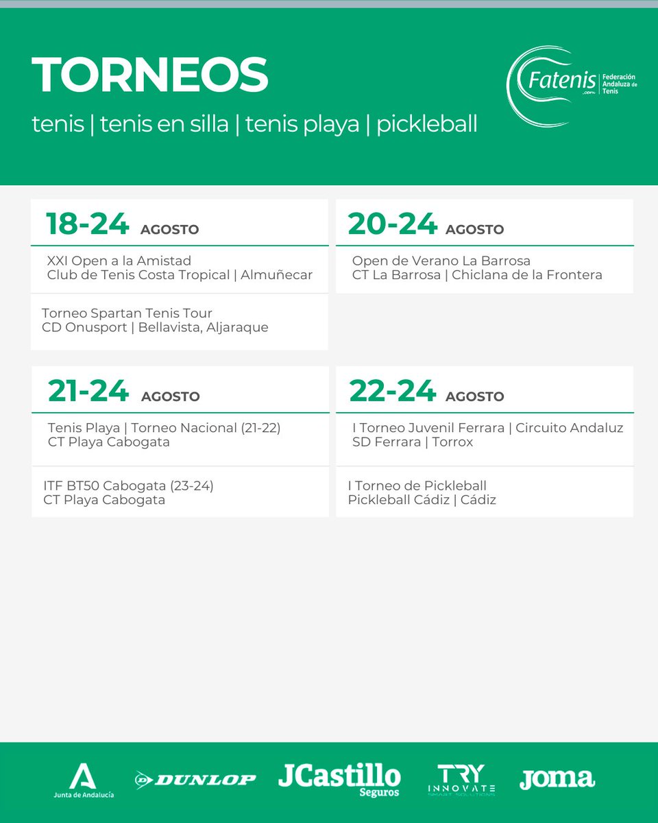 #TenisAndalucía (@fattenis) on Twitter photo 🔔 ¡𝐓𝐞𝐧𝐢𝐬, 𝐓𝐞𝐧𝐢𝐬 𝐏𝐥𝐚𝐲𝐚 𝐲 𝐏𝐢𝐜𝐤𝐥𝐞𝐛𝐚𝐥𝐥 𝐞𝐧 𝐞𝐬𝐭𝐚𝐬 𝐝𝐨𝐬 𝐩𝐫ó𝐱𝐢𝐦𝐚𝐬 𝐬𝐞𝐦𝐚𝐧𝐚𝐬! 🔔
¡¡¡ Aquí tenéis la agenda !!!
Los jugadores/as estáis a tiempo de inscribiros a los torneos.
👇👇👇
fatcom.fatenis.com/fatcom/public/…
<a href="/DeporteAND/">Andalucía es Deporte</a> <a href="/Cafdsocial/">CAFD | #TuNuevaCAFD</a> 🔔 ¡𝐓𝐞𝐧𝐢𝐬, 𝐓𝐞𝐧𝐢𝐬 𝐏𝐥𝐚𝐲𝐚 𝐲 𝐏𝐢𝐜𝐤𝐥𝐞𝐛𝐚𝐥𝐥 𝐞𝐧 𝐞𝐬𝐭𝐚𝐬 𝐝𝐨𝐬 𝐩𝐫ó𝐱𝐢𝐦𝐚𝐬 𝐬𝐞𝐦𝐚𝐧𝐚𝐬! 🔔
¡¡¡ Aquí tenéis la agenda !!!
Los jugadores/as estáis a tiempo de inscribiros a los torneos.
👇👇👇
fatcom.fatenis.com/fatcom/public/…
<a href="/DeporteAND/">Andalucía es Deporte</a> <a href="/Cafdsocial/">CAFD | #TuNuevaCAFD</a>