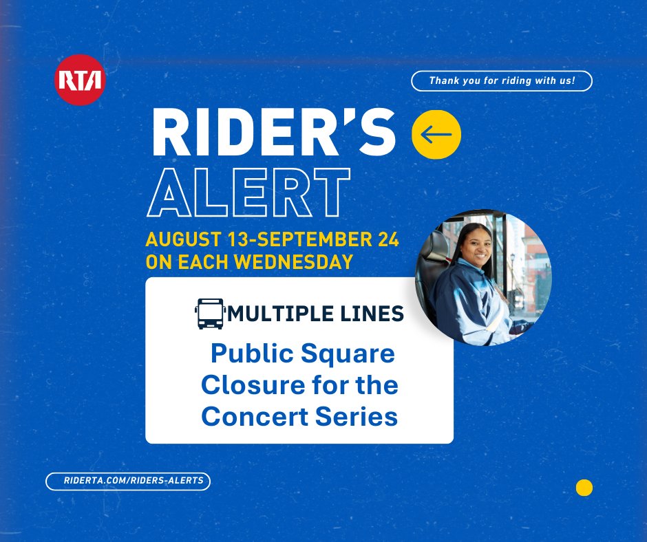 Planning to ride the bus on a Wednesday? ⚠️ Superior Ave. will be closed from 3-9 PM every Wednesday, Aug. 13 - Sep. 24, for a concert series, affecting several lines. For real-time updates and to track your bus, please use Transit App. Thank you for your patience!